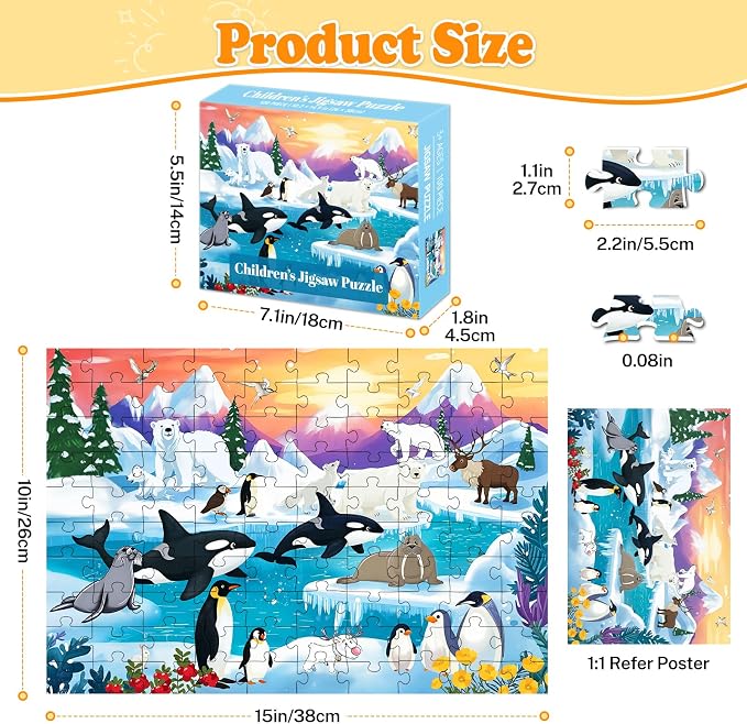 4-Pack 100 Piece Puzzles for Kids Ages 4-6 6-8 8-10 10-12, Farm Desert Polar Seaworld Kids Puzzles Ages 3-5 4-6 5-8 8-10, Learning Educational Jigsaw Puzzles 100 Pieces, Gifts for Girls Boys 15x10in