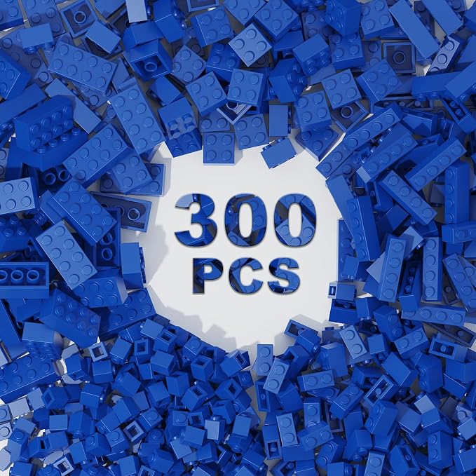 300 Pcs Classic Building Bricks, Blue Bulk Bricks,Compatible with and Major Brands Parts and Pieces, Creative Building Block Toys for Boys Girls Ages 6 7 8 9 10 Year Old