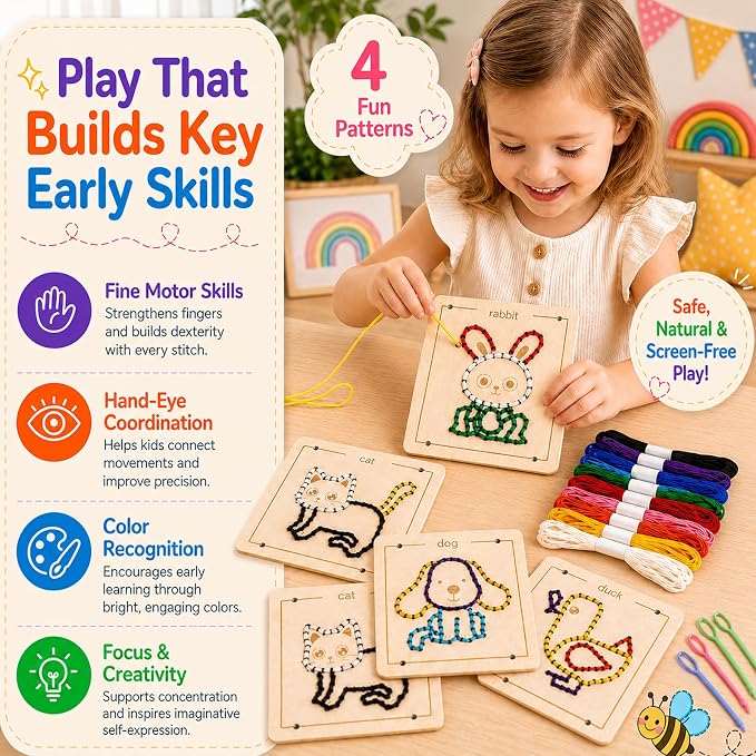 Montessori Wooden Lacing Toys for Toddlers and Kids Ages 2-4 5-7, Sewing Kit Fine Motor Skill Busy Board, Education Sensory Preschool Toy for 1 2 3 4 Year Olds, Birthday Gift for Boys and Girls