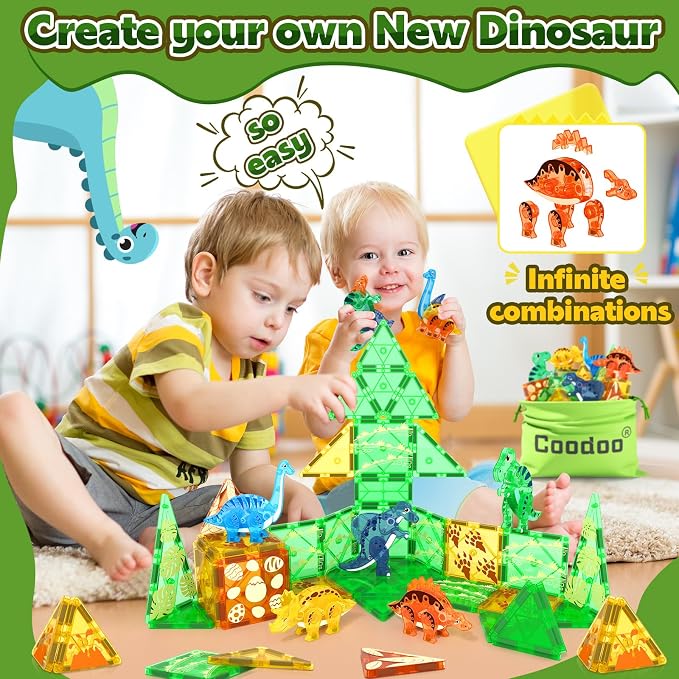 Dinosaur Toys Magnetic Tiles 3D Movable Dinos for Kids 3-5 5-7 Toddler Toy | Outdoor Sensory Toys with 5 Popular Dynamic Dinosaurs, STEM Educational Magnetic Blocks for 3+ Years Old Girls Kids Boys Toys