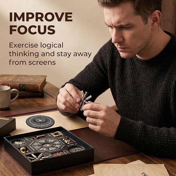 Bagua Metal Puzzles Set with Feng Shui Compass, 8+1 Alloy Brain Teasers, Traditional Chinese Intellectual Puzzle Toys for Adults, Stress Relief Fidget Desk Toy & Gift for Puzzle Lovers