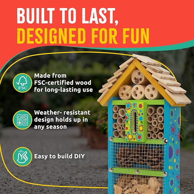 Premium Bug Hotel Kit for Kids, Easy Wood Bug House Kits | Bug House for Kids with Tools, Paints & Glue, Insect Hotel Kit, Fun Wood Building Kits, Birthday Gifts for Girls and Boys