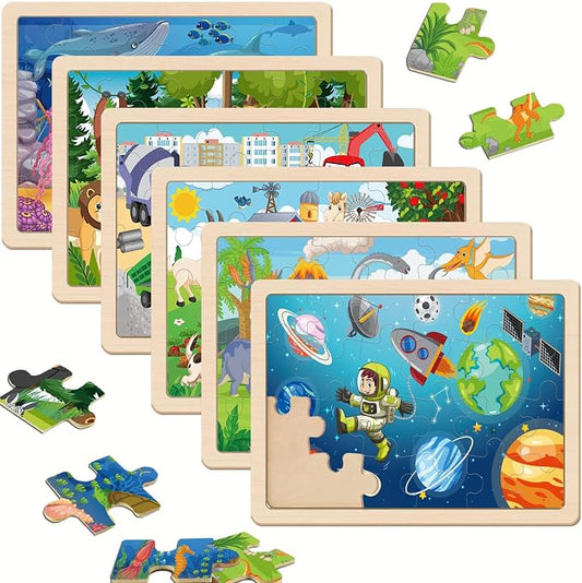 Puzzles for Kids Ages 3-5, Wooden Jigsaw Puzzles 24 Pieces 6 Pack | Colorful Toddler Puzzle Set, Educational Learning Toys, Birthday Gifts for Boys Girls