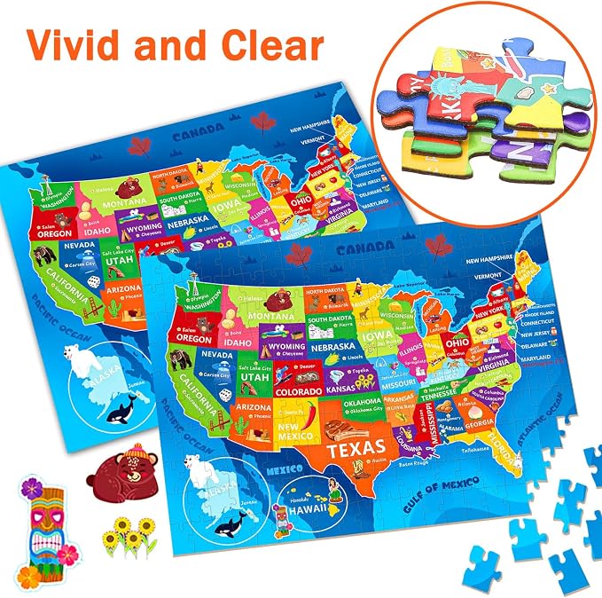 Puzzles for Kids Ages 6-8 8-10 - 200 Piece United States & USA Puzzle | Educational USA Learning Toys.Colorful Children Puzzles for 6 7 8 9 10 11 12 Years Old Boys and Girls.Holiday Gifts