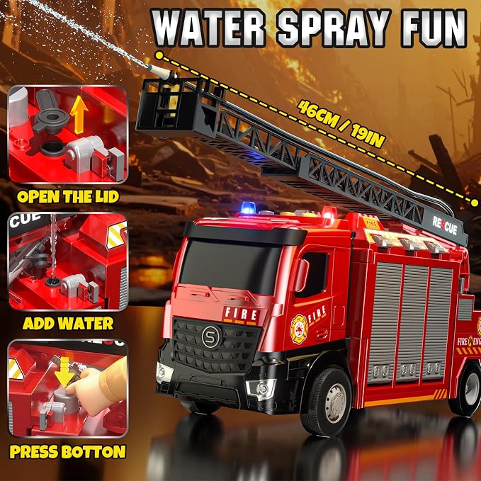 Lehoo Castle Fire Truck Toy for 3 4 5 Years Old Boy | Fire Trucks Playset with Rotating Ladder, Realistic Lights & Sounds, Birthday Gifts for Toddlers 3+