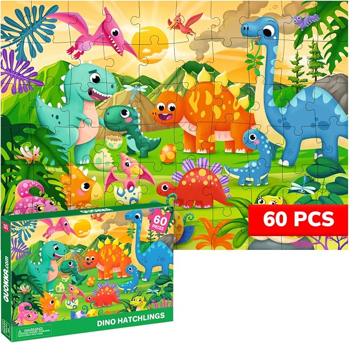 QUOKKA Puzzles for Kids Ages 4-6 – 60 Piece Jigsaw Puzzles for Toddlers Ages 3-5 with Dinosaurs – Quiet Time Toy for Preschoolers 2-4 – FSC Certified Educational Learning Game for Boys and Girls