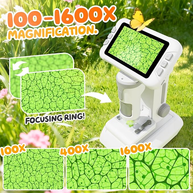 1600X Kids Microscope, 1080P Digital Microscope with 4.0" Screen | STEM Science Education Toy with Slides Kit, Portable Pocket Learning Microscope for Kids Ages 3-14, Birthday Christmas Gift