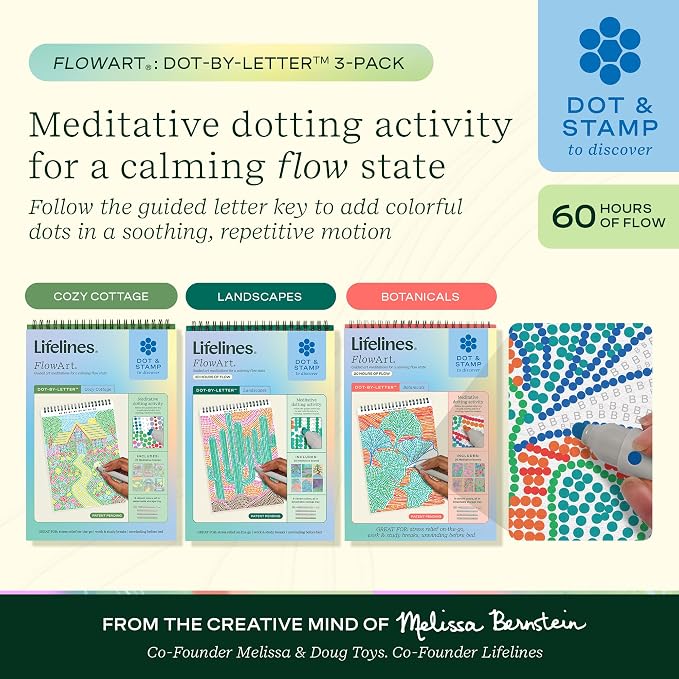 Lifelines FlowArt Activity Pads 3-Pack, Dot-by-Letter Guided Coloring Books | 12 Double-Sided Markers & 60 Scenes - Guided Art Meditations for Tweens, Adults & Seniors - Color-by-Number - Patent Pending