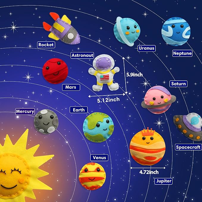 Flying Childhood Solar System Sewing Kit for Kids - Beginner Felt Craft Kits - Montessori Toys Gifts for Girls Boys 6 7 8 9 Toddler DIY Projects Classroom Must Haves