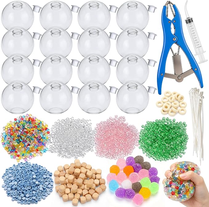 43 Pcs DIY Stress Ball Making Kit with Filler | 16 Transparent TPR Skins, 10.56 oz Fillers, Air Pump, Expander Tool, Cable Tie, Create Anxiety Relief Toys