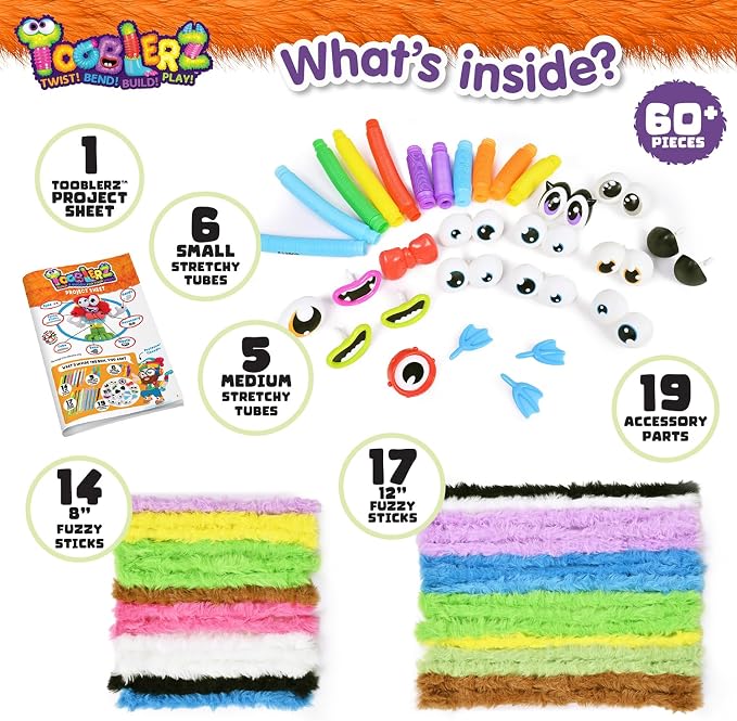 WeVeel TOOBLERZ Kids Craft Kit, 62-Piece DIY Monsters & Animals, Ages 5+ | Screen-Free Creative Play Reusable Mix-and-Match Parts Fuzzy Sticks & Stretchy Tubes Open-Ended Building Fun
