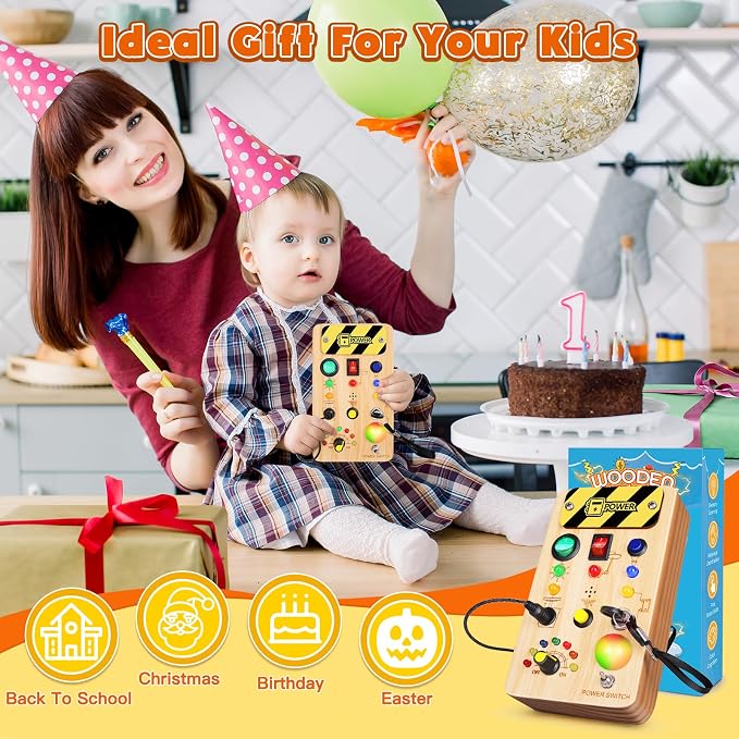 TINTECUSA Busy Board Montessori Toys for Toddler, Wooden Sensory Board Switch Toy with Color-Changing LED Light Up Travel Toys Educational Plane Travel Activity for 1-6 Year Old Girls & Boys Gifts