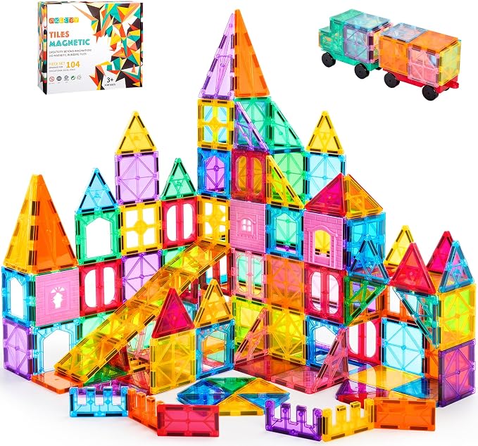 OugerToy 104PCS Magnetic Tiles STEM Building Blocks for Kids Ages 3-9 | Educational Stacking Toys with Car Bases, Creative Construction Gift for Boys Girls OugerToy