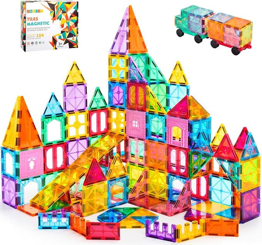 OugerToy 104PCS Magnetic Tiles STEM Building Blocks for Kids Ages 3-9 | Educational Stacking Toys with Car Bases, Creative Construction Gift for Boys Girls OugerToy
