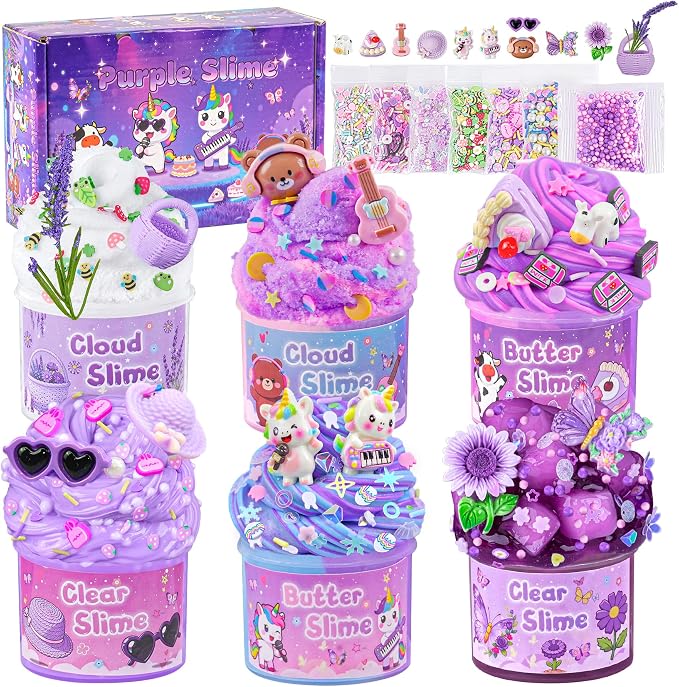 6-Pack Purple Slime Kit for Kids, Butter Cloud Squishy Birthday Gift Set | Halloween Christmas party favors, goodie bag stuffers, classroom prizes and sensory slime toys for boys and girls ages 4-10