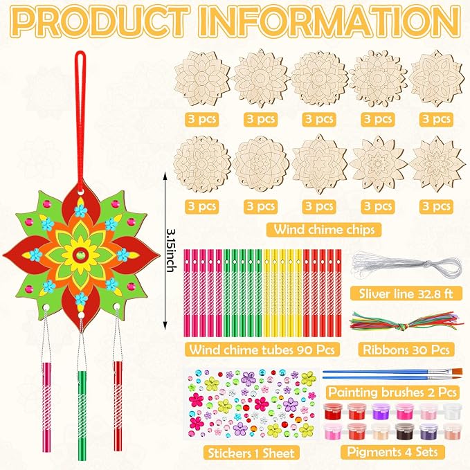 JellyArch 30 Pack Mandala Wind Chime Kit for Adults, Wooden DIY Ornaments | Make Your Own Mandala Decorations, Wooden Blanks with Stickers Gems Tubes Scissors, Spring Summer Birthday Party Crafts