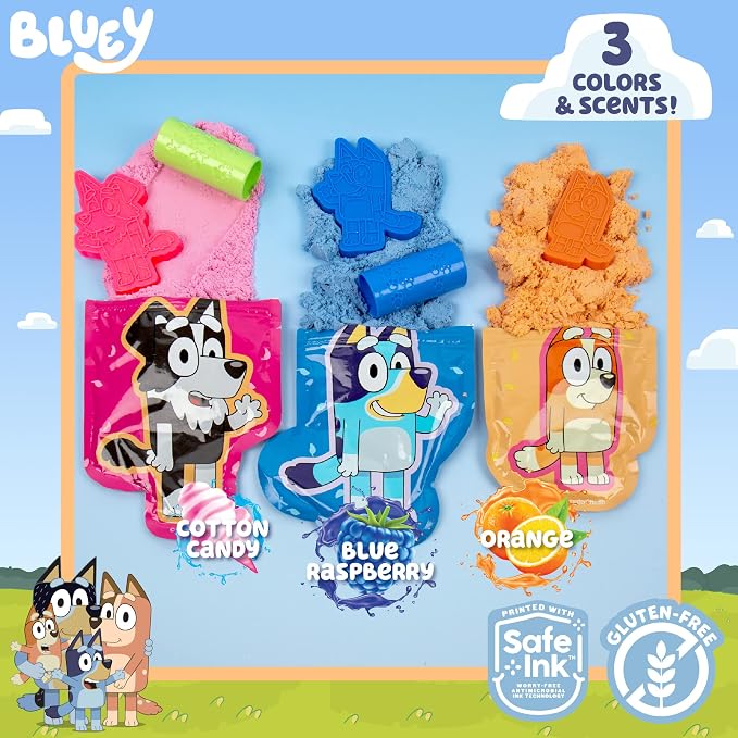 Horizon Group USA Bluey SLIMYGLOOP Slimy Sand Mold & Play Creations, 8-Piece Playset, 3 Scented Colors, Sensory Activity for Kids Ages 3, 4, 5, 6, 7, 8, Multi, Medium