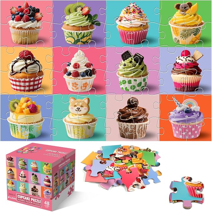 Jumbo Floor Puzzle for Kids,48 Piece Cupcake Jigsaw Puzzle Ages 3-8 | Dessert-themed Learning Puzzle with Decorated Cupcakes,Extra-thick Cardboard,35x24 in Completed,Gift for Boys and Girls