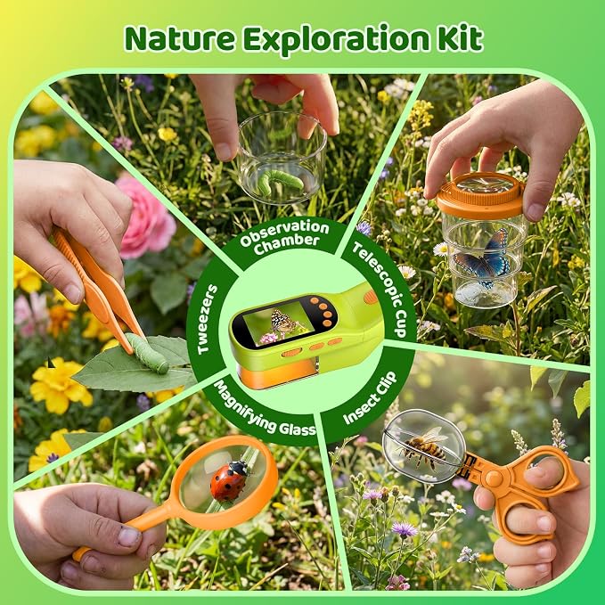 Handheld Microscope for Kids, Outdoor Explorer STEM Toy with Bonus Tools, 2.4" IPS Screen, Ergonomic Grip, Digital Camera, Photo/Video, Magnifier, Science Kit – Gift for Boys & Girls Age 3-12