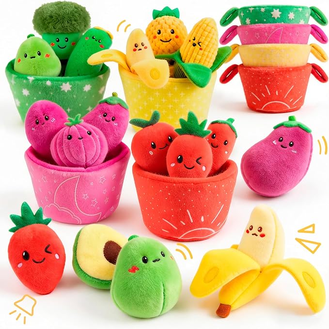 SAIMAND Baby Toys 6-12 Months,16PCS Montessori Plush Sensory Play Food Gift | Color Sorting Fruit & Vegetable Sensory Toys for Babies, Soft Play Food with Crinkle & Rattle,Gifts for 1-Year-Old Boys&Girls