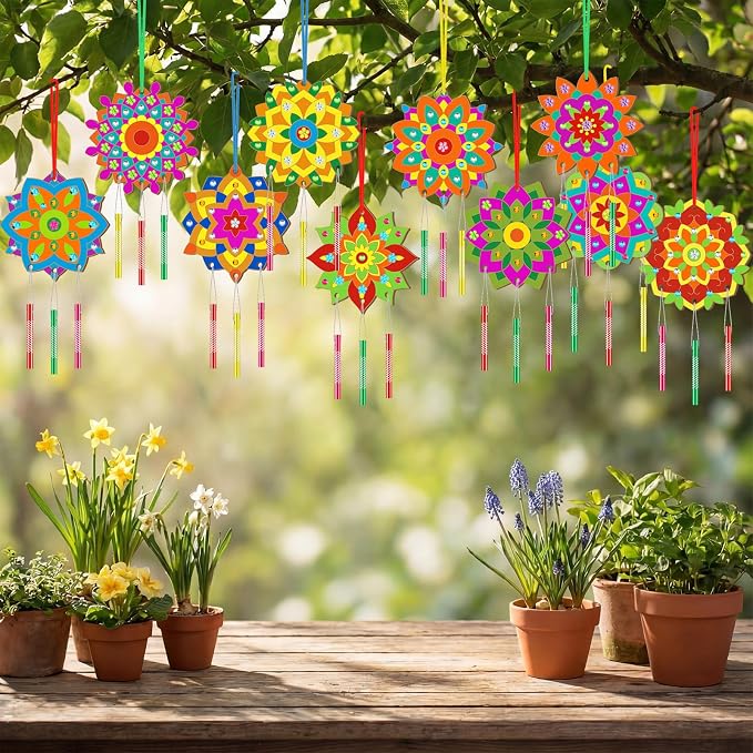 JellyArch 30 Pack Mandala Wind Chime Kit for Adults, Wooden DIY Ornaments | Make Your Own Mandala Decorations, Wooden Blanks with Stickers Gems Tubes Scissors, Spring Summer Birthday Party Crafts