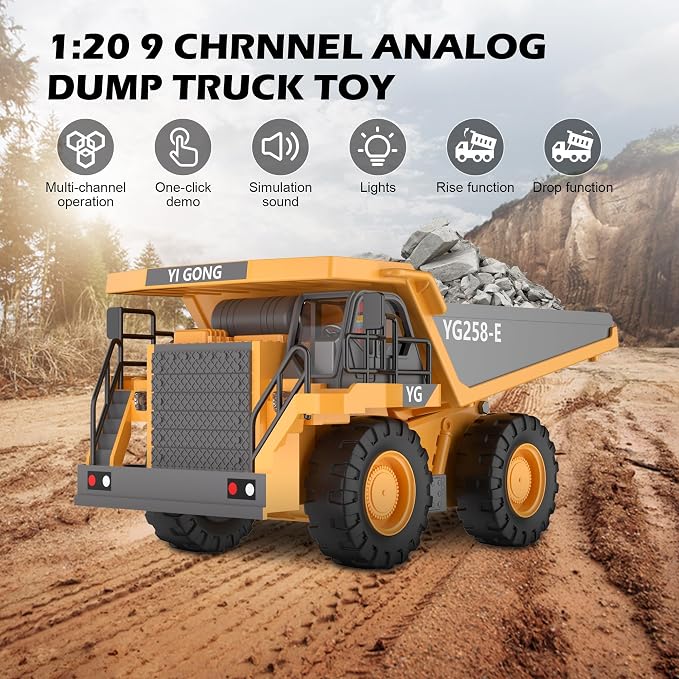Remote Control Dump Truck RC 1/20 Fully FunctionalEngineering Vehicle, 9 Channel Dump Truck Toy 2.4Ghz with Lights andSounds, for Kids Aged