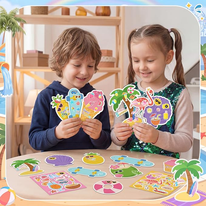 96 Pcs Summer Bookmark Craft Kits DIY Make Your Own Bookmark with Tropical Fruits Ice Cream Coconut Beach Stickers for Kids Classroom Activities Reading Rewards Birthday Camp Party Favors