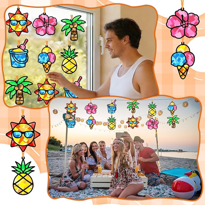 Qyeahkj 36 Sets Summer Suncatchers Crafts for DIY Summer Beach Fruit Tissue Paper Craft Kit Hawaiian Tropical Stained Glass Effect Window Ornaments Decoration for Home Art Project Party Favor Gift