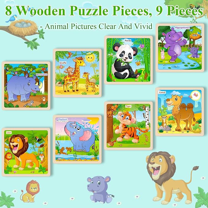 Wooden Puzzles for Toddlers Ages 2-4, 8 Pack 9 Pcs Kids Jigsaw Puzzles Set for Ages 3-5, Educational Learning Toys Gift for 3 4 5 Year Old Boys Girls, Cute Preschool Animal Patterns
