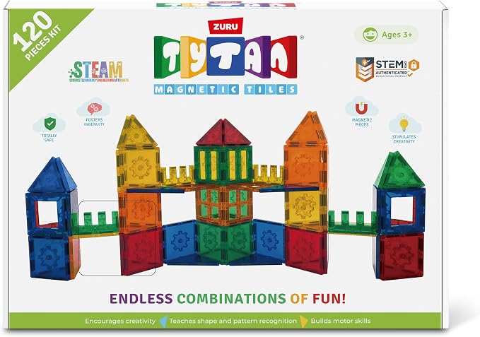 Tytan Magnetic Tiles 120-Piece Building Set by ZURU | STEM, Montessori & sensory play; strong snap-fit magnets; build 2D & 3D shapes; develops motor skills; STEM gift for kids