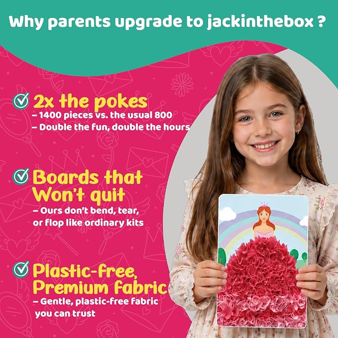 jackinthebox Poke Art Princess Themes Crafts Kit for Kids, Girls, Ages 4-8 | 1400 fabric pieces, travel arts activities & birthday gifts, mess-free toddler, age 4 5 6 7 8 9 year old, flower pressing