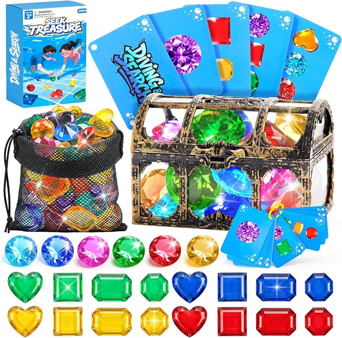 Diving Toys for Kids, Seek Treasure Underwater Pool Gem Hunt Pool Game | with 60PCS Sinking Gems, Pirate Treasure Chest, 35PCS Game Cards, Summer Swimming Pool Toys for Toddlers Kids Age 3-10