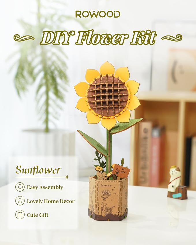 rowood 3D Wooden Puzzles for Adults, Mother's Day DIY Artifical Flower Craft Kit,Botanical Collection Home Decor, Valentine's Day/Thanksgiving Day/Christmas/Birthday Gift -Sunflower