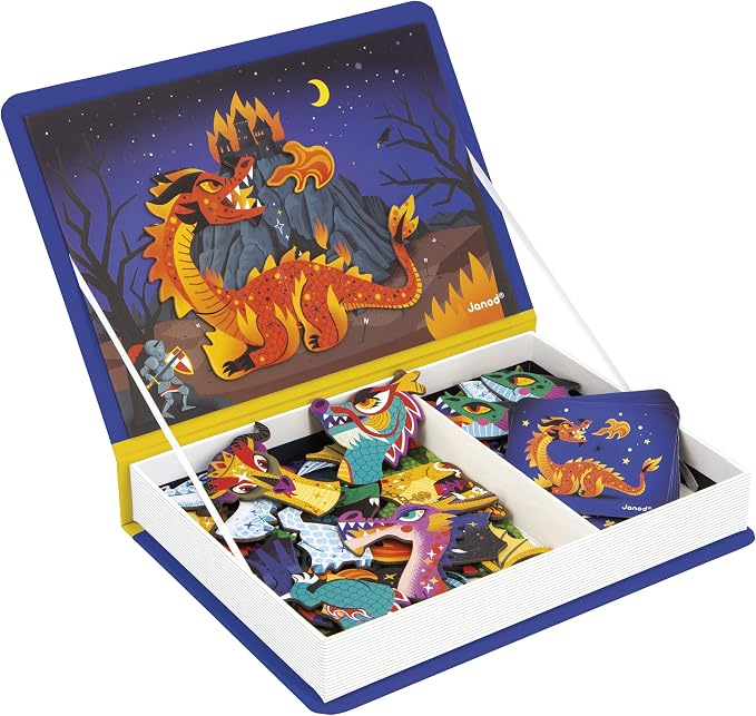 Janod - Magnéti'Book - Magnetic Game - Dragons - Purple | Cardboard Kids Toy - Develops Dexterity and Imagination - 63 Pieces - Ideal for Ages 3 and Up - Preschool Learning Activity