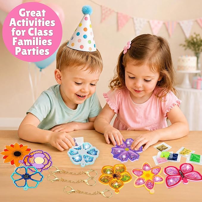 Fun Shake Glitter Craft Kits for Kids, DIY Arts and Crafts Keychains Kit | Art Supplies, Class Travel Activities, Party favors, Gifts for Girls & Boys 4yrs+, Butterfly & flower