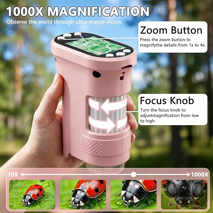Kids Digital Microscope, 1000X Handheld Pocket Microscope STEM Science Toy | 2.0" IPS Screen, 8 LED Lights, Photo & Video Capture, Rechargeable Design, Educational STEM Gift for Kids Ages 3-12