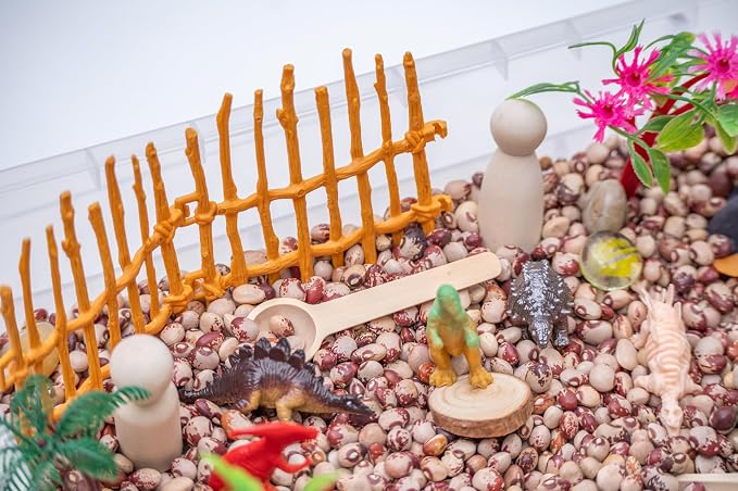 Dinosaur Sensory Bin Kit for Kids | Taste-Safe Pinto Beans, Fossil Skeletons, Trees, Volcano & Durable Wooden Tools – Includes Storage Bin