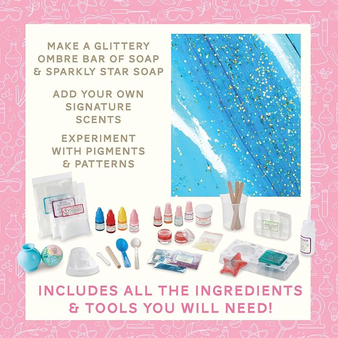MindWare Science Academy Deluxe Shimmer Lab – Kit Includes 40pcs to Teach Kids & Teens Cosmetic Chemistry - Boys & Girls Make DIY Bath Bombs, Lip Balm & Soaps with eco-Friendly Biodegradable Glitter