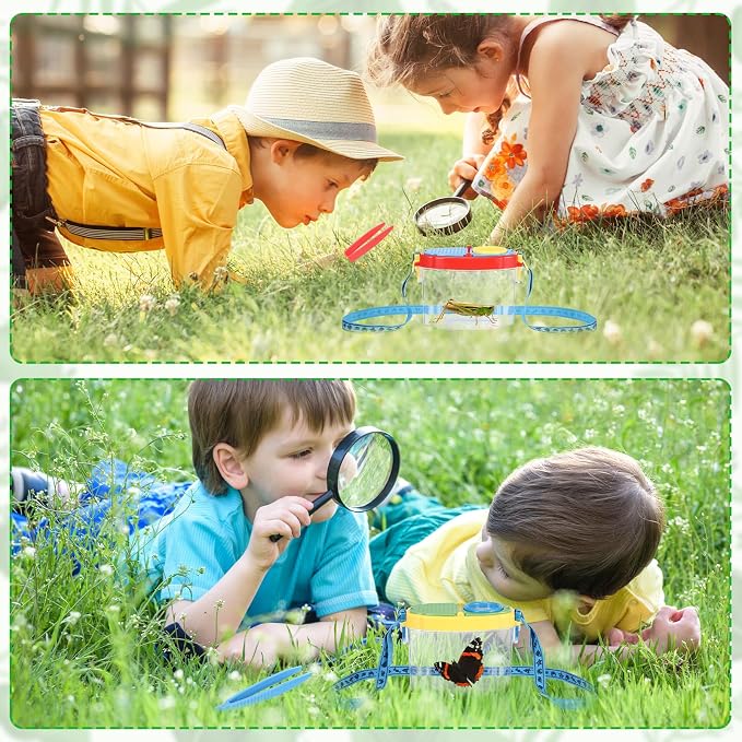 Halloscume 24 Pcs Bug Catchers for Kids Collection Viewer for Kids Critter Insect Cage Bug Tweezer Magnifying Insect Box Magnifier Container Butterfly Catcher Cage, Science Nature Exploration Tools