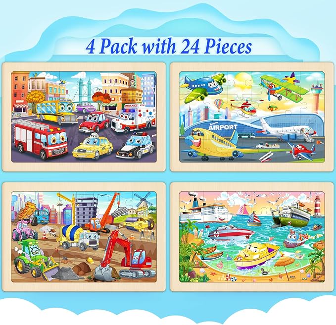 Wooden Puzzles for Kids Ages 4-6, 4 Pack 24 Pcs Toddler Puzzles Set for Ages 3-5, Educational Learning Toys Gift for Boys Girls 3-8 (City Traffic, Airport, Construction, Ocean Cruise)