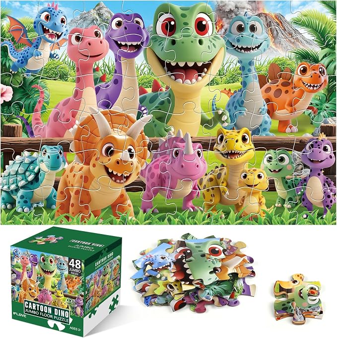 Jumbo Floor Puzzle for Kids,48 Piece Cartoon Dino Jigsaw Puzzle Ages 3-8 | Dinosaur Theme,Extra-Large Thick Pieces Fit Little Hands,35x24 in Completed，Preschool Gift for Boys and Girls Ages 3-8