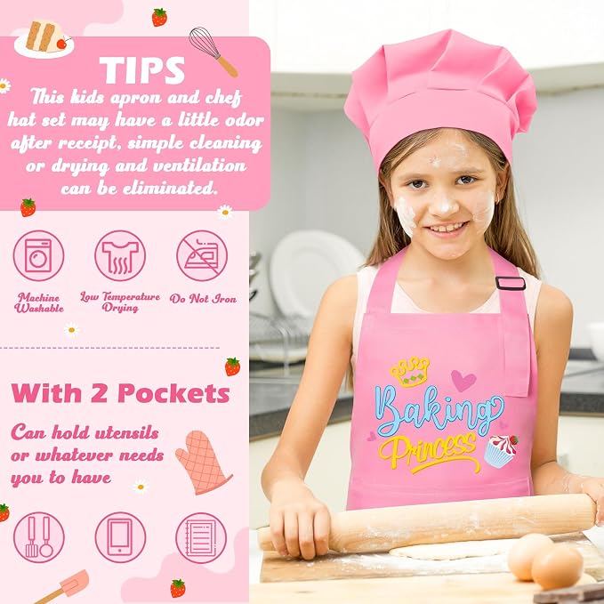 R HORSE 2 Pieces Kid Apron and Chef Hat Set, Dress up Role Play Chef Toy | Pink Baking Princess Adjustable Children Kitchen Apron for Girl, Ideal for Cooking, Baking, Painting, Cooking Birthday Gift