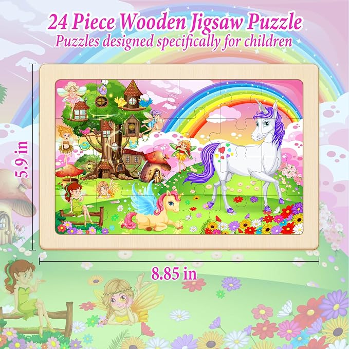 Wooden Puzzles for Kids Ages 4-6, 4 Pack 24 Pcs Toddler Puzzles Set for Ages 3-5, Educational Learning Toys Gift for Boys Girls 3-8 (Rainbow Unicorn, Starry Night, Candyland, Princess Castle)