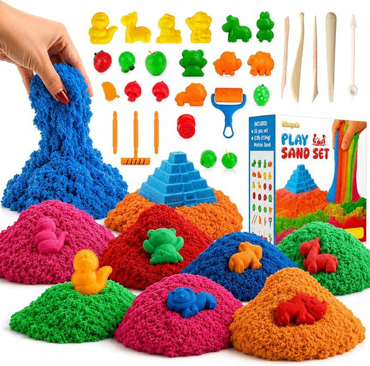 Play Sand Craft Kit Set for Boys & Girls 36p Sensory Bin No Mess Kids Toy | Great for Ages 3 4 5 6 7 8 – Perfect for Shaping Squeezing Scooping – Large Arts & Crafts Set – Birthday Gift