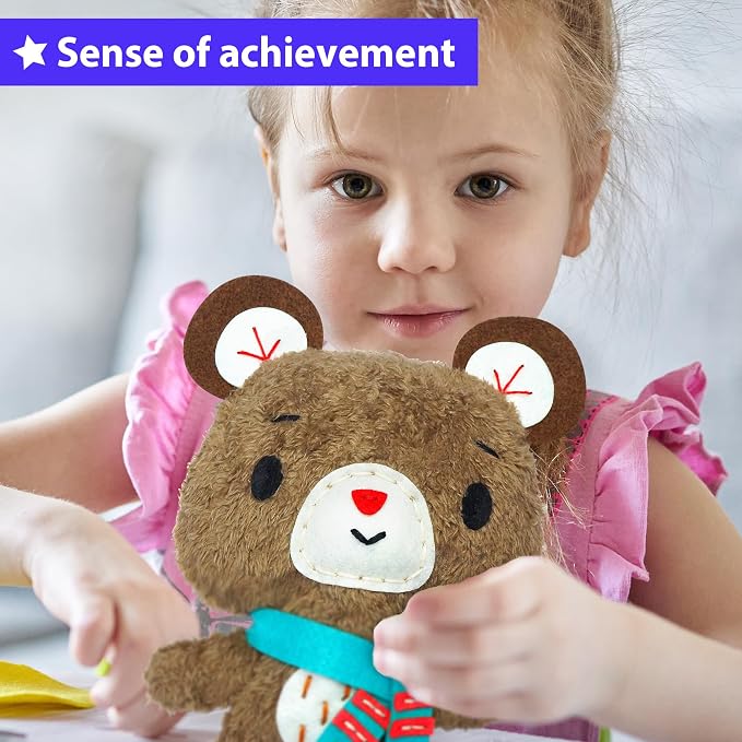 KRAFUN Teddy Bear Sewing Kit for Kids Ages 8-12 - No Scissors | Pre-cut & pre-punched felt, no glue needed. Child-safe needle. Sew your own teddy. Beginner craft gift for girls & boys