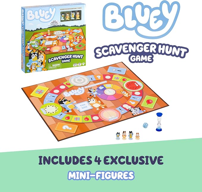 Bluey Scavenger Hunt Board Game, Cooperative Play with 4 Exclusive Mini-Figures, Learning Toys for 5+ Year Old, Fun Toy Token Collecting Game