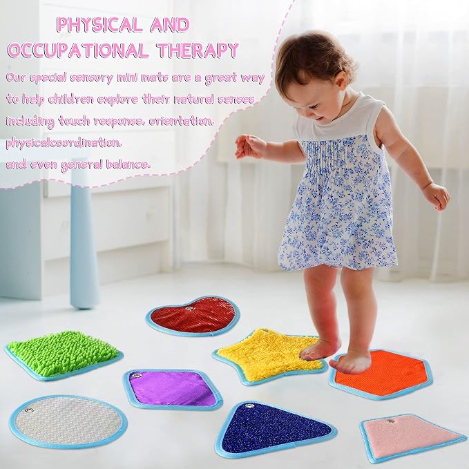 Boao 8 Set Mini Sensory Mats Assorted Textured Play Mats Sensory Floor Tiles Educational Tactile Toys for Activity(8.7 Inch,Irregular)