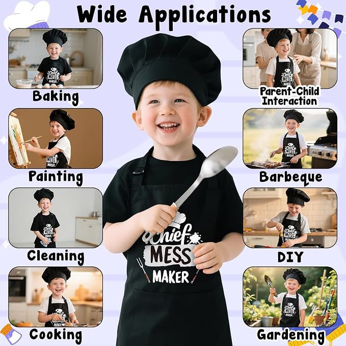 R HORSE 2 Pieces Kid Apron and Chef Hat Set, Dress up Pretend Play Toy | Black Chief Mess Maker Adjustable Children Kitchen Apron Set, Ideal for Cooking, Baking, Painting, Cooking Birthday Gift