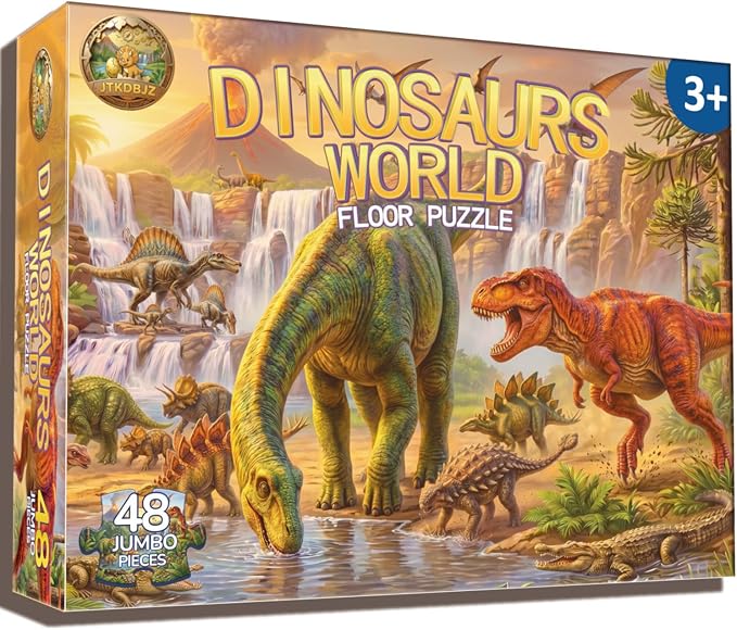 Jumbo Floor Puzzles for Kids Ages 3-5 48 Piece Dinosaur Educational Toy | A large dinosaur animal puzzle featuring Triceratops and T-Rex for interactive preschool learning and indoor family play time