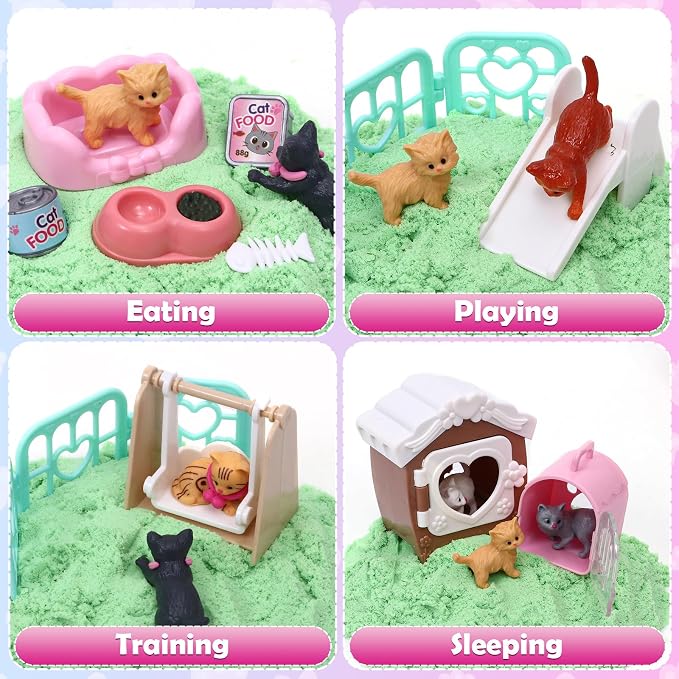 Lorfancy Cat Sandbox Toys Kids Play Sand Kit Toddler Sensory Bin Toy 2.2lbs Sand Pet Cat Figures Care Role Pretend Play Beach Toy Birthday Gift for Girls Boys 3 4 5 6 7 8 Years Old